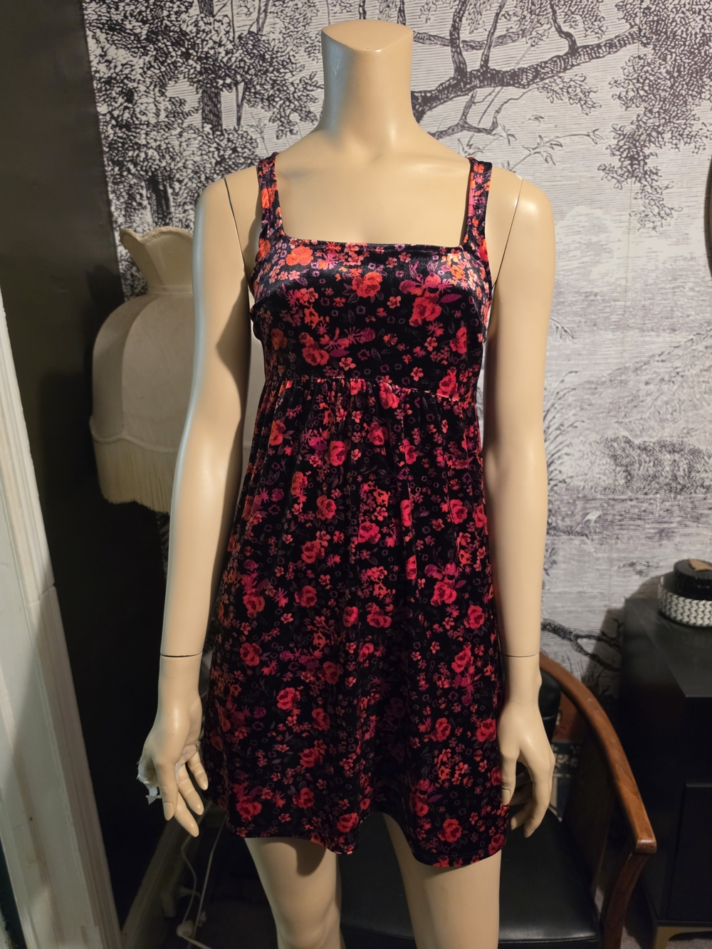 Mi Ami Romantic Red & Black Floral Velvet Mini Dress XS